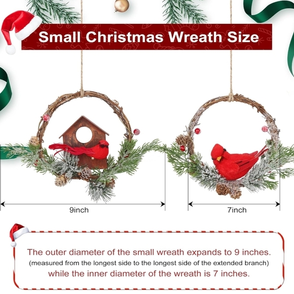 2pcs Christmas Wreath with Cardinal, 9-inch Cardinal Holiday Wreath - Picture 5 of 6